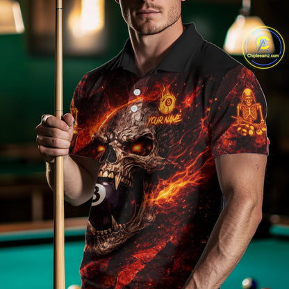 Cracked Soil Skull Red Flames Pool 8 Ball Men Billiard Polo & 1/4-Zip Shirt Custom Billiard Attire NYN2627