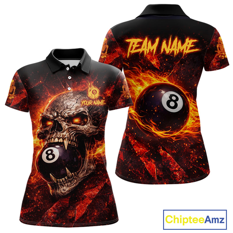 Cracked Soil Skull Red Flames Pool 8 Ball Women Billiard Polo & 1/4-Zip Shirt Custom Billiard Attire NYN2627