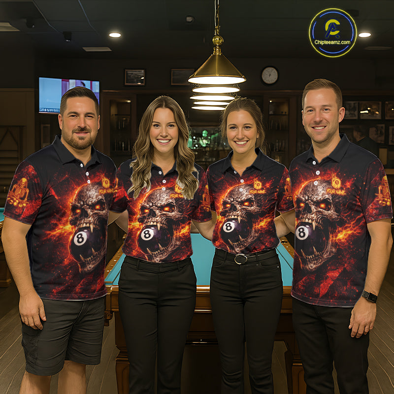 Cracked Soil Skull Red Flames Pool 8 Ball Men Billiard Polo & 1/4-Zip Shirt Custom Billiard Attire NYN2627