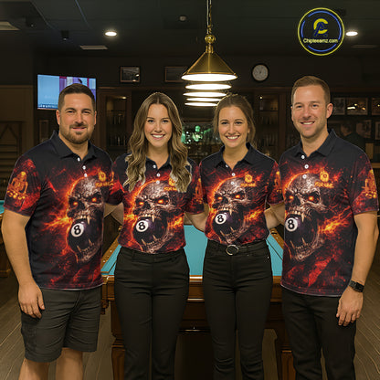 Cracked Soil Skull Red Flames Pool 8 Ball Men Billiard Polo & 1/4-Zip Shirt Custom Billiard Attire NYN2627