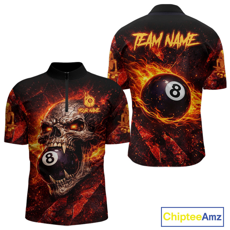 Cracked Soil Skull Red Flames Pool 8 Ball Men Billiard Polo & 1/4-Zip Shirt Custom Billiard Attire NYN2627