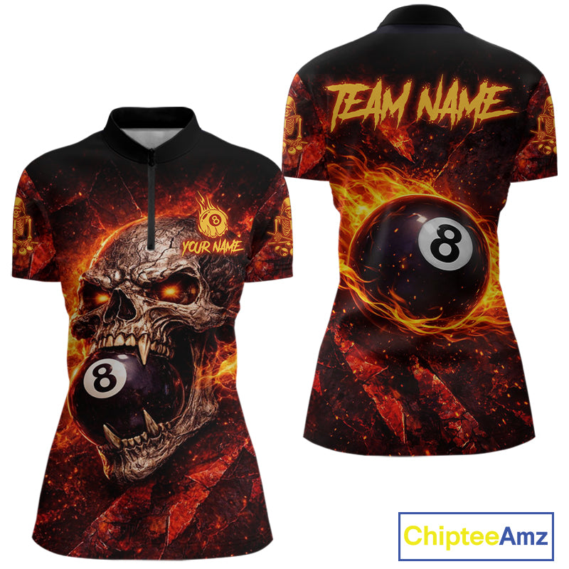 Cracked Soil Skull Red Flames Pool 8 Ball Women Billiard Polo & 1/4-Zip Shirt Custom Billiard Attire NYN2627