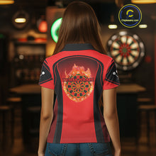 Load image into Gallery viewer, Red Flaming &amp; Smoke Dartboard Women&#39;s Darts Shirt - Custom Name For Darts Jersey NYN0428