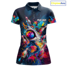 Load image into Gallery viewer, Women's bowling polo featuring colorful splatter funny shark artwork with bowling graphics, personalized performance bowling shirt for shark lovers, bowling leagues, family bowling nights and fun team uniforms, symbolizing confidence, humor and fearless competition.