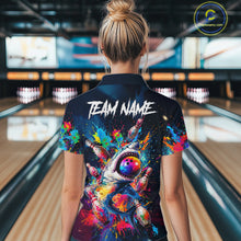 Load image into Gallery viewer, Female bowler wearing colorful funny shark bowling jersey during league play, premium bowling apparel for animal lovers, casual competitors and tournament bowlers, symbolizing fearless attitude, positivity and confidence.