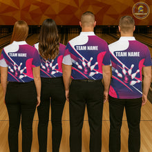 Load image into Gallery viewer, Men women bowling team wearing matching white, blue and pink bowling jerseys during tournaments, personalized uniforms representing teamwork, friendship, unity and championship success.