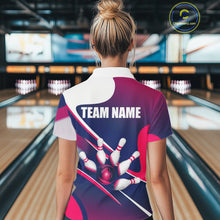 Load image into Gallery viewer, Female bowler wearing white, blue and pink bowling jersey during league play, custom bowling apparel for competitive athletes, bowling enthusiasts and women's sports teams, symbolizing confidence and sportsmanship.