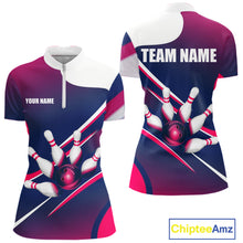 Load image into Gallery viewer, Women's quarter-zip bowling jersey featuring white, blue and pink bowling graphics, premium moisture-wicking apparel for USBC tournaments, bowling leagues and professional team uniforms, representing confidence, balance and performance.
