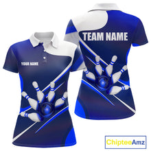 Load image into Gallery viewer, White And Blue Bowling Ball &amp; Pins Shirt For Women Custom Polo Quarter-Zip Bowling Team Jersey NYN3674