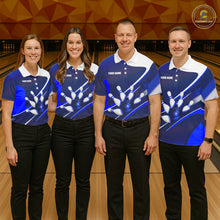 Load image into Gallery viewer, White And Blue Bowling Ball &amp; Pins Shirt For Men Custom Polo Quarter-Zip Bowling Team Jersey NYN3674