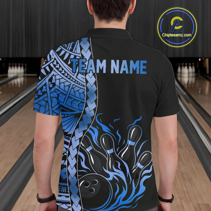 Male bowler in blue tribal bowling polo at championship event