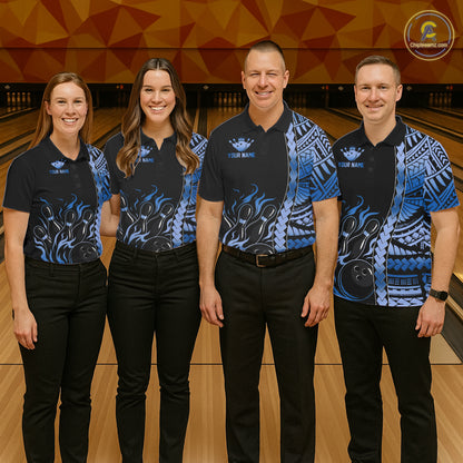 Men women bowling team wearing Black & Blue Flame Tribal Bowling Polo & Quarter-Zip shirts during bowling league competition, matching bowling team jerseys with custom names