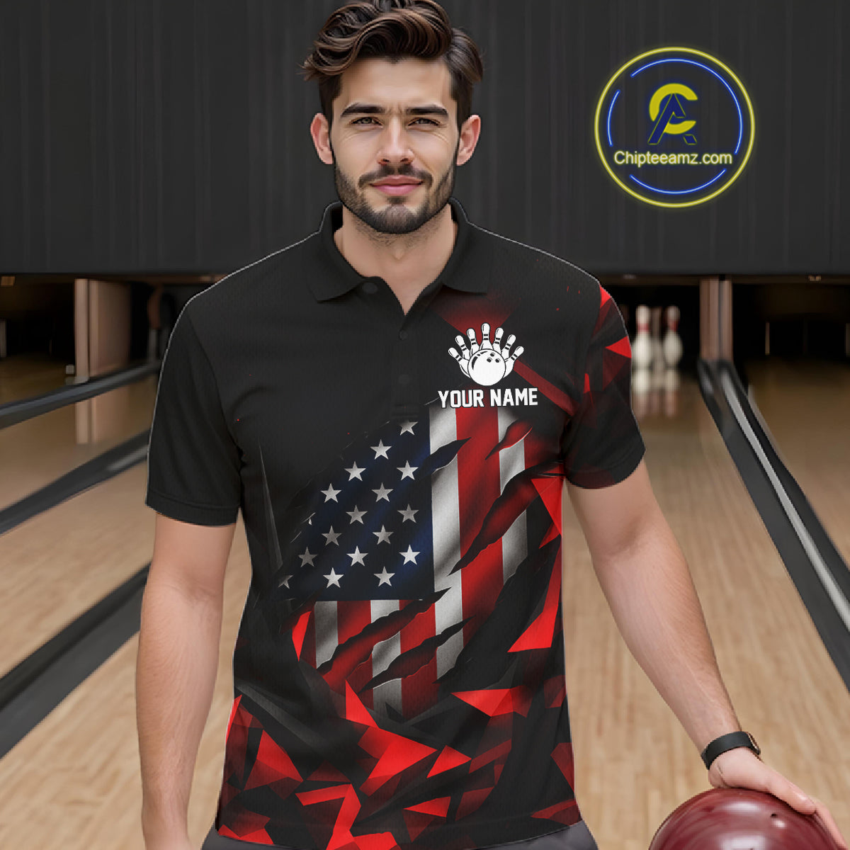 Custom Red And Black Geometric Bowling Shirt For Men US Flag Patriotic Bowling Tournament Jersey NYN4723