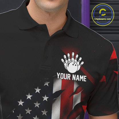 Custom Red And Black Geometric Bowling Shirt For Men US Flag Patriotic Bowling Tournament Jersey NYN4723