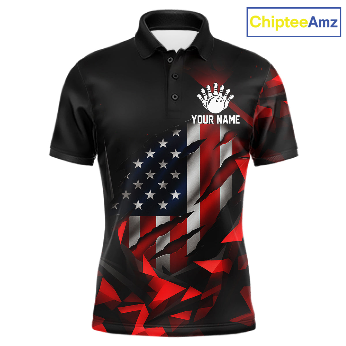 Custom Red And Black Geometric Bowling Shirt For Men US Flag Patriotic Bowling Tournament Jersey NYN4723