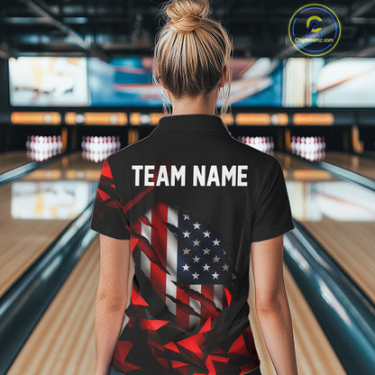 Custom Red And Black Geometric Bowling Shirt For Women US Flag Patriotic Bowling Tournament Jersey NYN4723