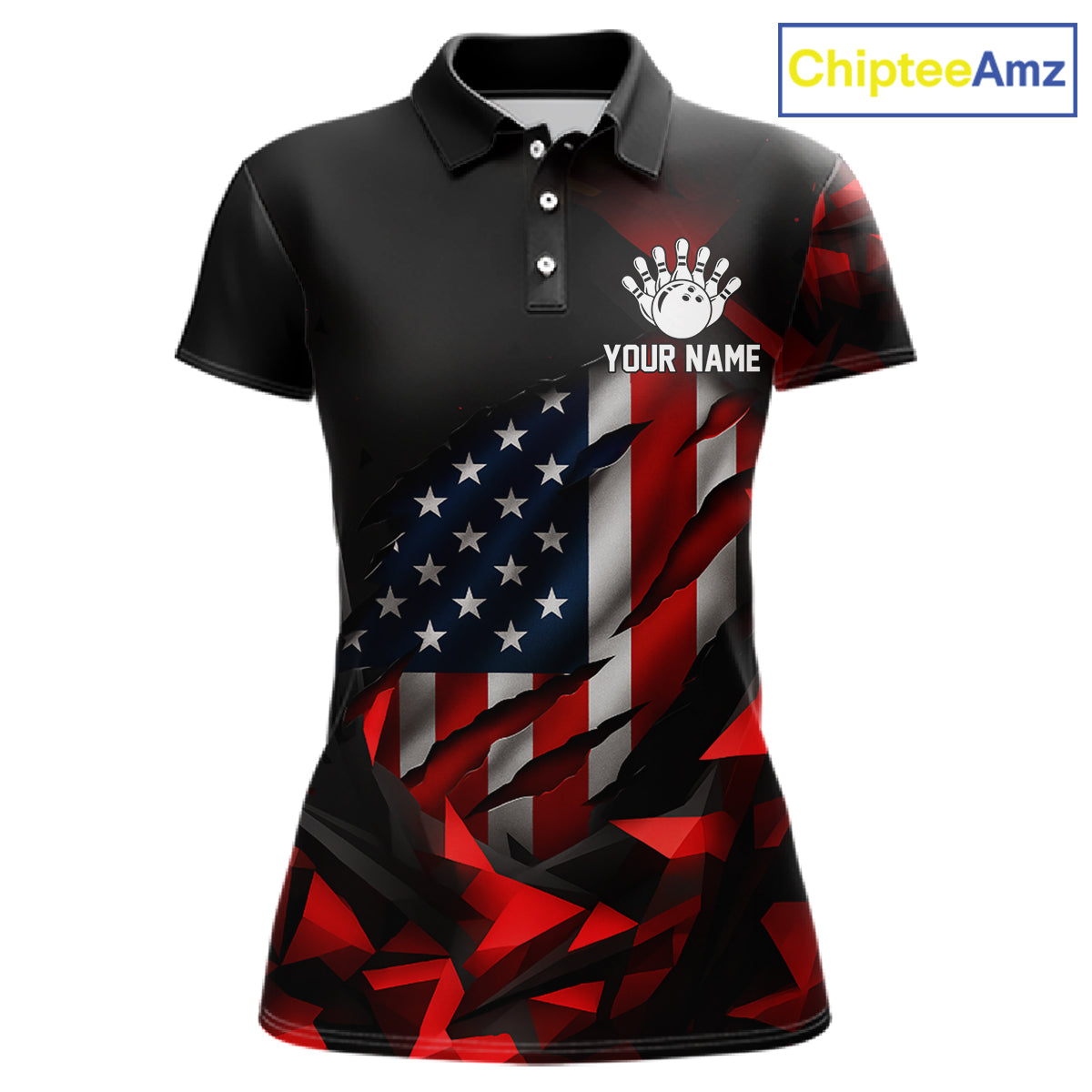 Custom Red And Black Geometric Bowling Shirt For Women US Flag Patriotic Bowling Tournament Jersey NYN4723