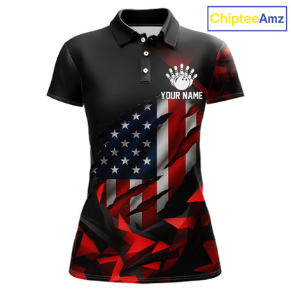 Custom Red And Black Geometric Bowling Shirt For Women US Flag Patriotic Bowling Tournament Jersey NYN4723