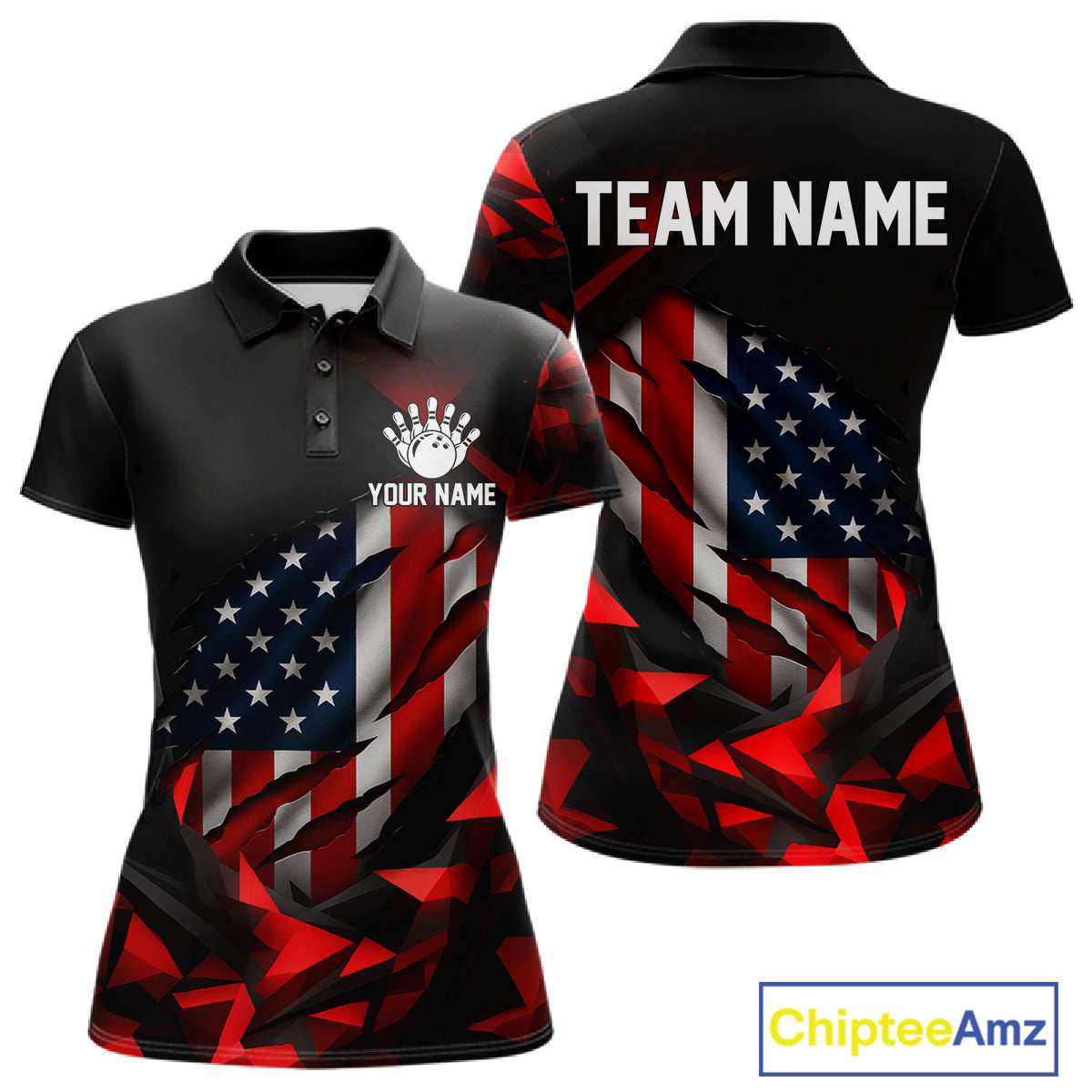 Custom Red And Black Geometric Bowling Shirt For Women US Flag Patriotic Bowling Tournament Jersey NYN4723