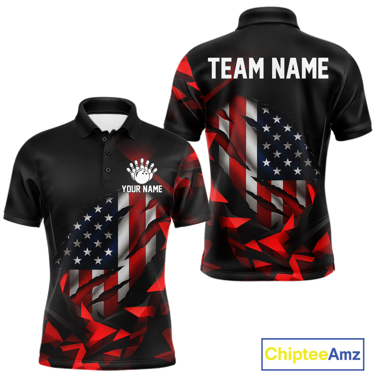 Custom Red And Black Geometric Bowling Shirt For Men US Flag Patriotic Bowling Tournament Jersey NYN4723