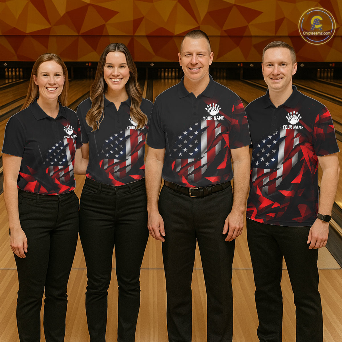 Custom Red And Black Geometric Bowling Shirt For Men US Flag Patriotic Bowling Tournament Jersey NYN4723