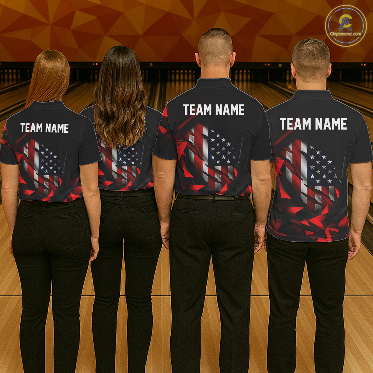 Custom Red And Black Geometric Bowling Shirt For Men US Flag Patriotic Bowling Tournament Jersey NYN4723