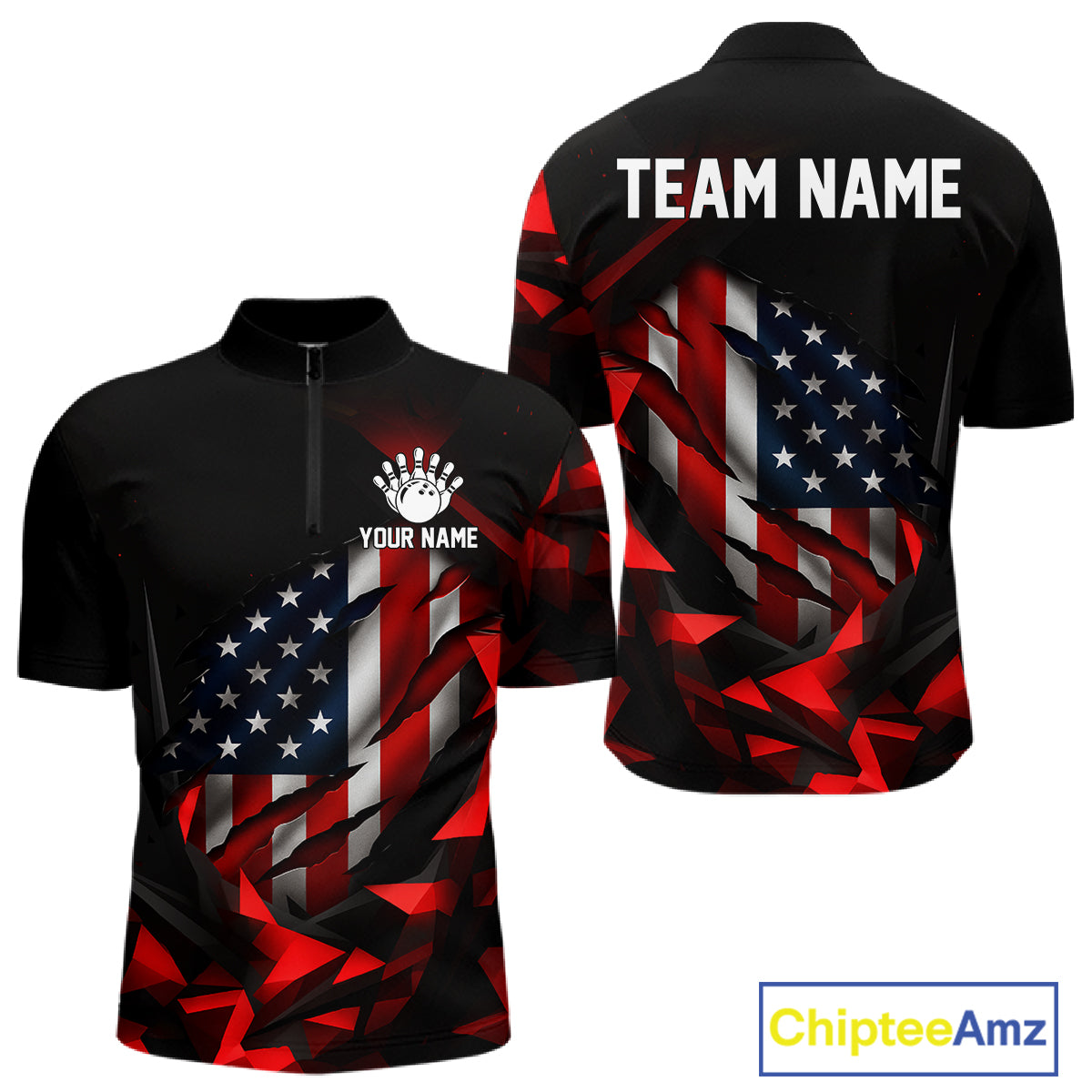 Custom Red And Black Geometric Bowling Shirt For Men US Flag Patriotic Bowling Tournament Jersey NYN4723