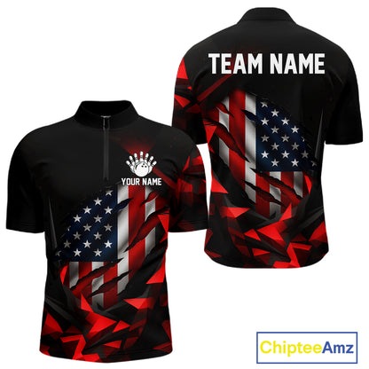Custom Red And Black Geometric Bowling Shirt For Men US Flag Patriotic Bowling Tournament Jersey NYN4723