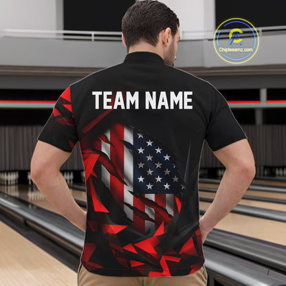 Custom Red And Black Geometric Bowling Shirt For Men US Flag Patriotic Bowling Tournament Jersey NYN4723