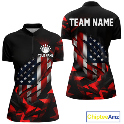 Custom Red And Black Geometric Bowling Shirt For Women US Flag Patriotic Bowling Tournament Jersey NYN4723