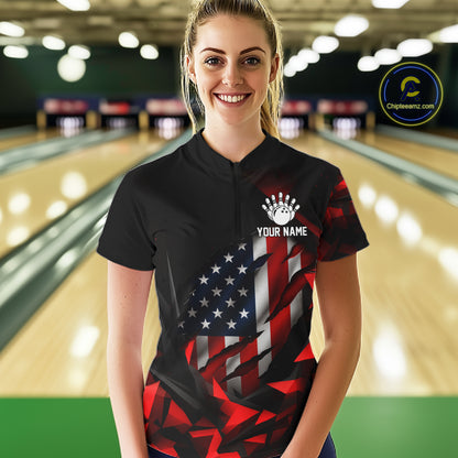 Custom Red And Black Geometric Bowling Shirt For Women US Flag Patriotic Bowling Tournament Jersey NYN4723