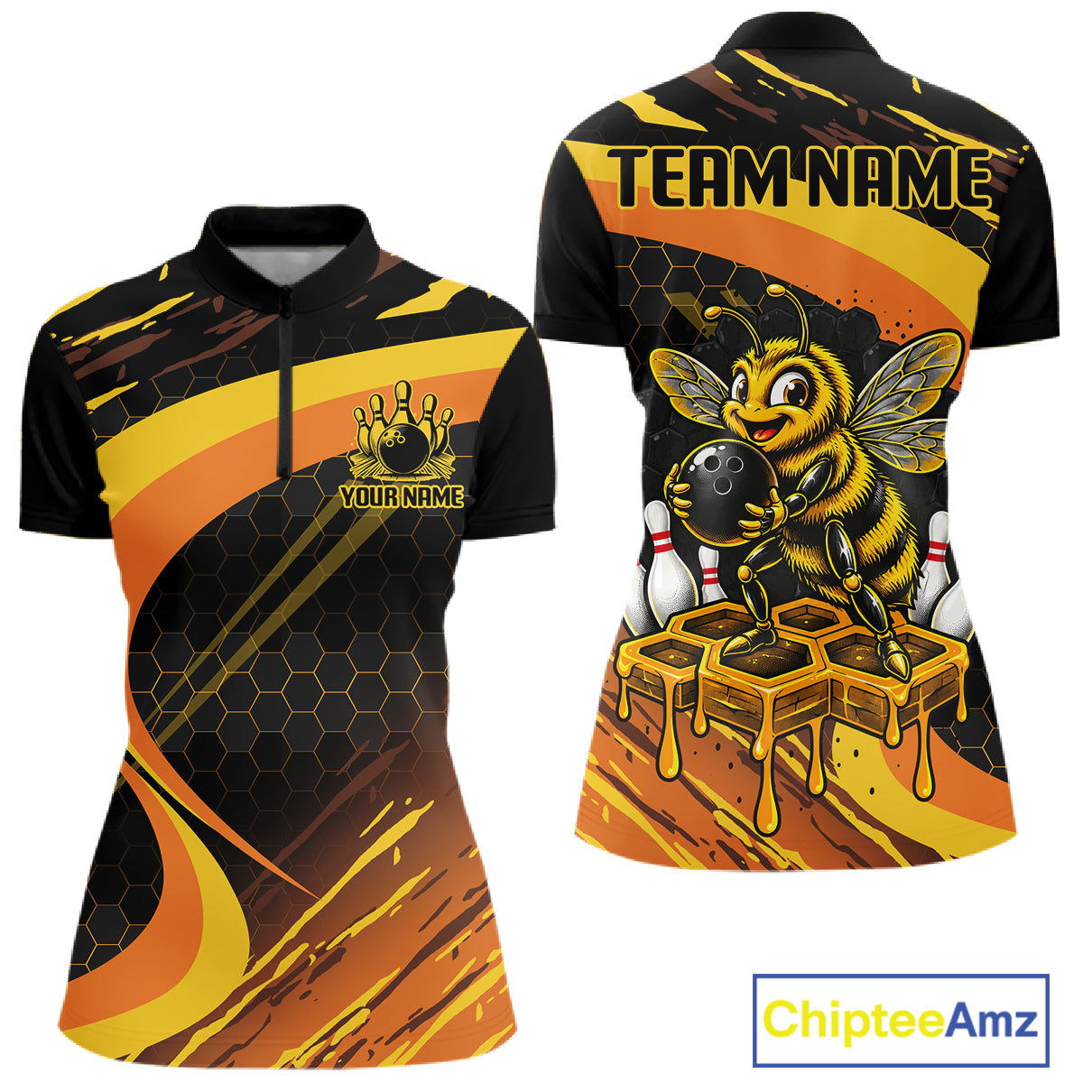 Personalized Honey Bee Bowling Polo 1/4-Zip For Women Custom Funny Bee Bowling Tournament Jersey NYN4725