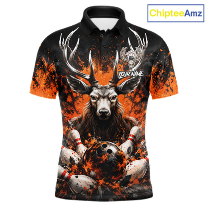 Orange Splatter Bowling Shirt For Men Deer Bowling Jersey Personalized Name Bowling Tournament Shirt NYN4726