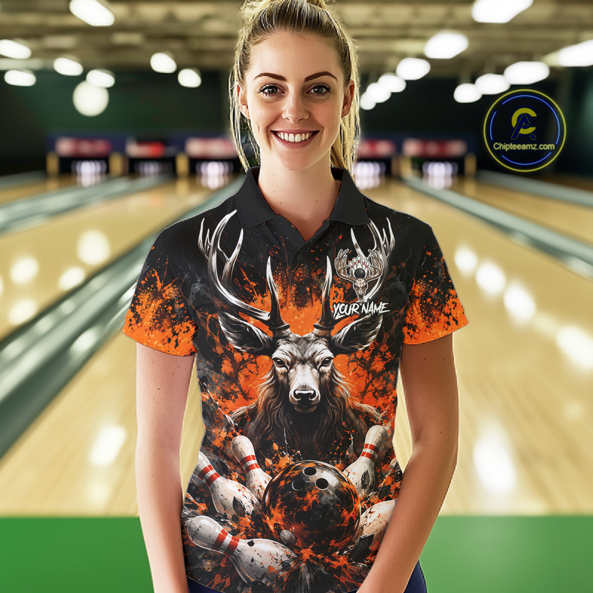 Orange Splatter Bowling Shirt For Women Deer Bowling Jersey Personalized Name Bowling Tournament Shirt NYN4726
