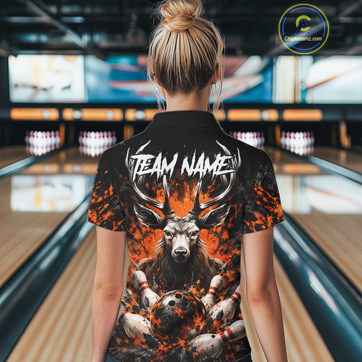 Orange Splatter Bowling Shirt For Women Deer Bowling Jersey Personalized Name Bowling Tournament Shirt NYN4726