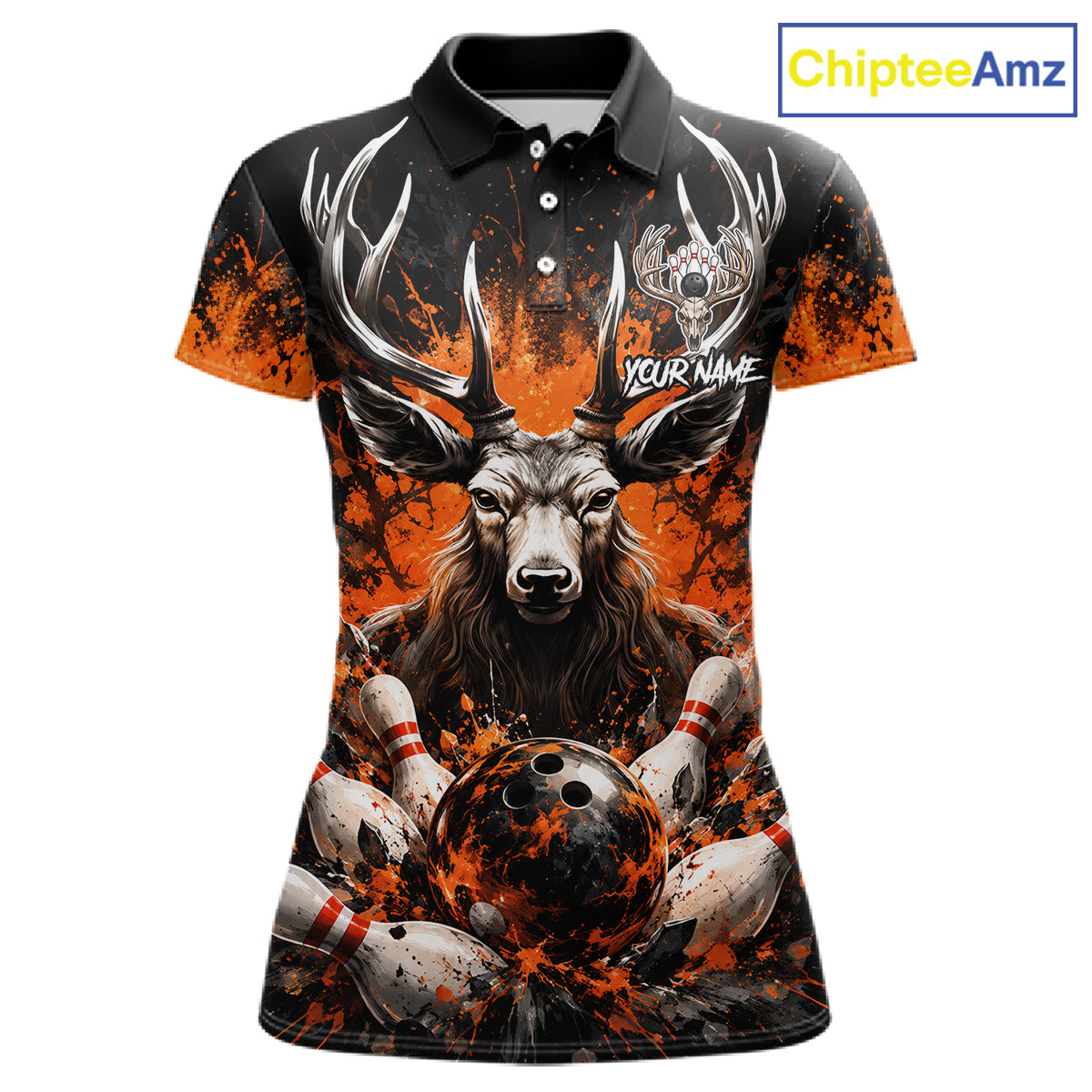 Orange Splatter Bowling Shirt For Women Deer Bowling Jersey Personalized Name Bowling Tournament Shirt NYN4726