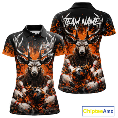 Orange Splatter Bowling Shirt For Women Deer Bowling Jersey Personalized Name Bowling Tournament Shirt NYN4726