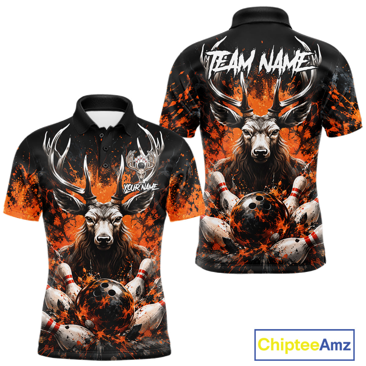 Orange Splatter Bowling Shirt For Men Deer Bowling Jersey Personalized Name Bowling Tournament Shirt NYN4726