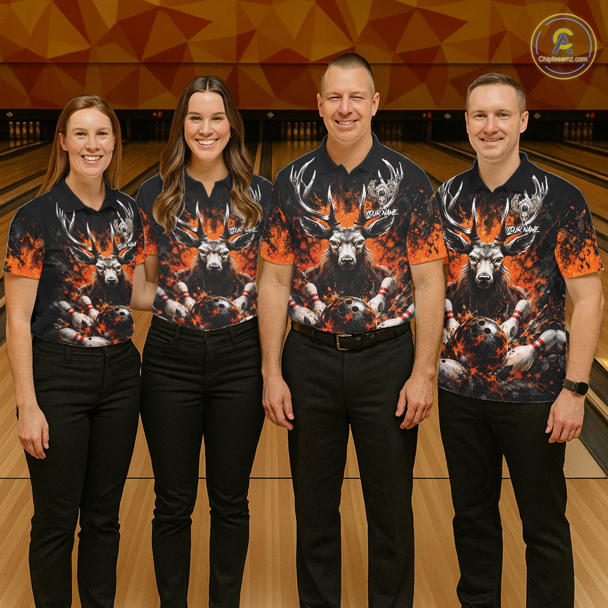 Orange Splatter Bowling Shirt For Men Deer Bowling Jersey Personalized Name Bowling Tournament Shirt NYN4726