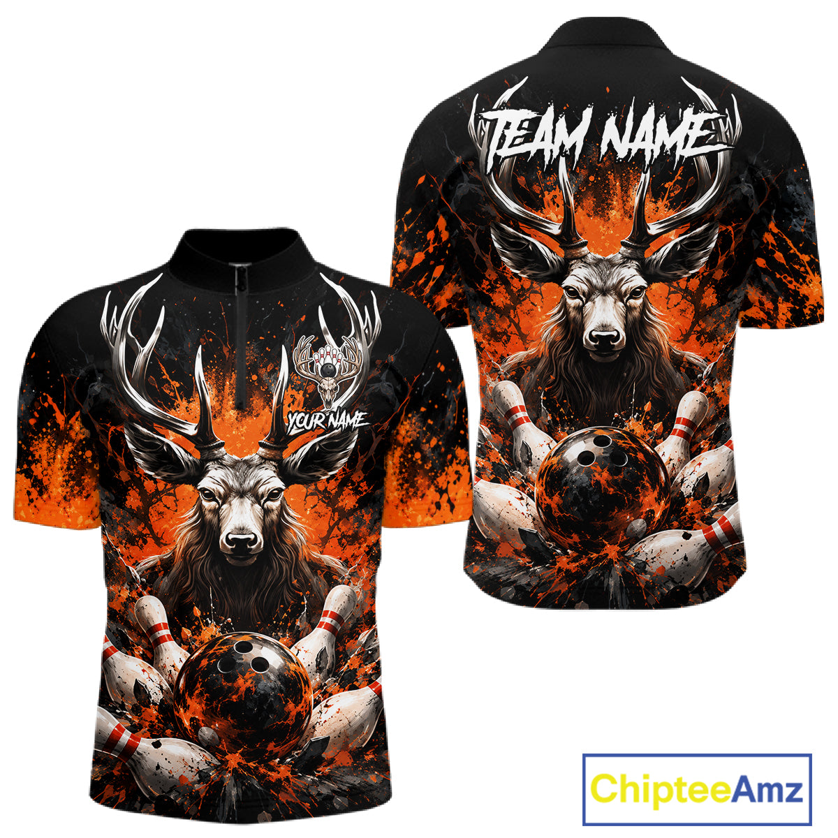 Orange Splatter Bowling Shirt For Men Deer Bowling Jersey Personalized Name Bowling Tournament Shirt NYN4726
