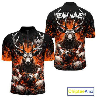 Orange Splatter Bowling Shirt For Men Deer Bowling Jersey Personalized Name Bowling Tournament Shirt NYN4726