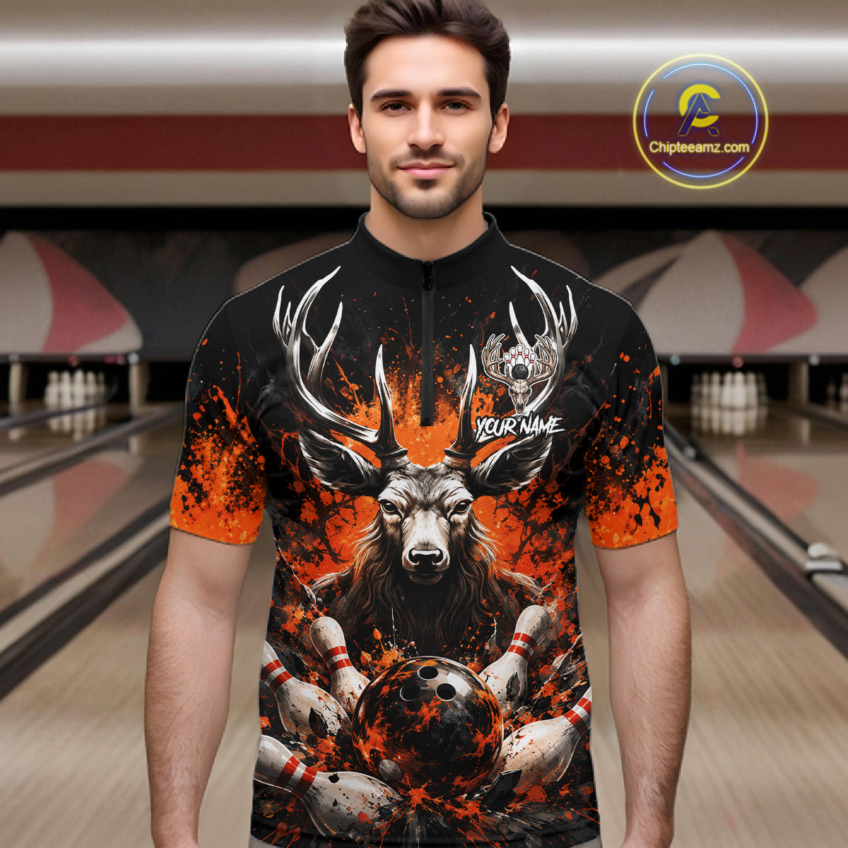 Orange Splatter Bowling Shirt For Men Deer Bowling Jersey Personalized Name Bowling Tournament Shirt NYN4726