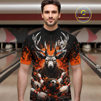Orange Splatter Bowling Shirt For Men Deer Bowling Jersey Personalized Name Bowling Tournament Shirt NYN4726