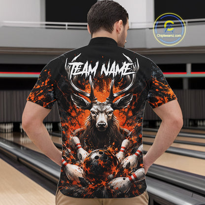 Orange Splatter Bowling Shirt For Men Deer Bowling Jersey Personalized Name Bowling Tournament Shirt NYN4726