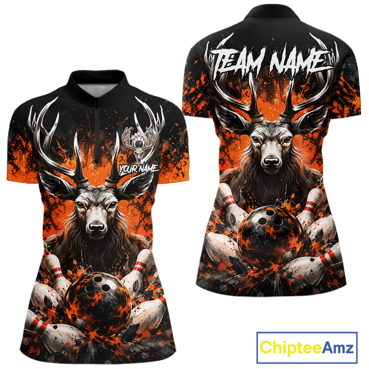 Orange Splatter Bowling Shirt For Women Deer Bowling Jersey Personalized Name Bowling Tournament Shirt NYN4726