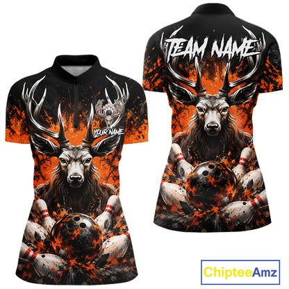 Orange Splatter Bowling Shirt For Women Deer Bowling Jersey Personalized Name Bowling Tournament Shirt NYN4726