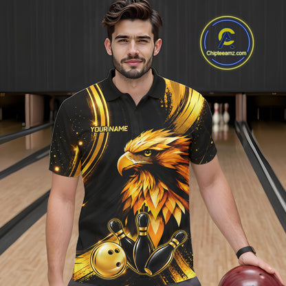 Custom Black Gold Eagle Bowling Polo 1/4-Zip Shirt For Men Swirl Youth Bowling Team Tournament Jersey NYN5109