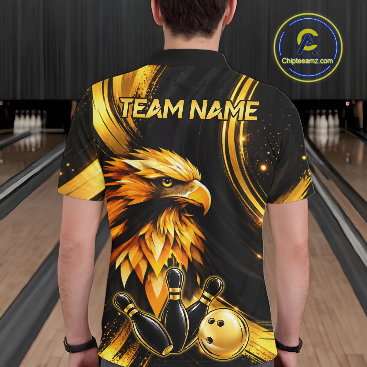 Custom Black Gold Eagle Bowling Polo 1/4-Zip Shirt For Men Swirl Youth Bowling Team Tournament Jersey NYN5109