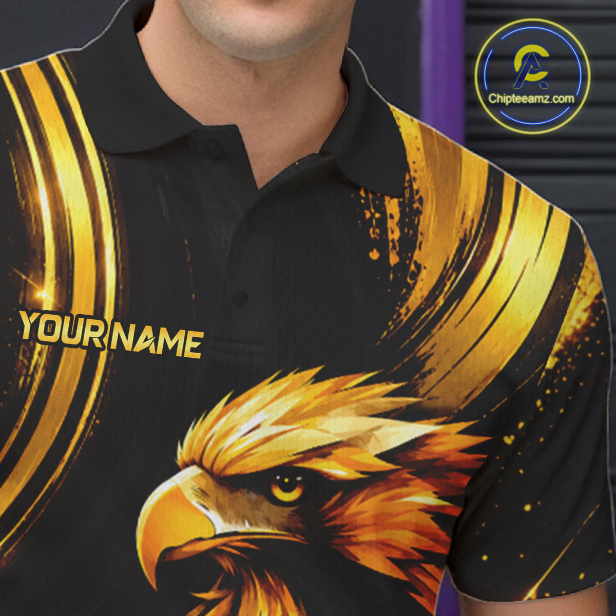Custom Black Gold Eagle Bowling Polo 1/4-Zip Shirt For Men Swirl Youth Bowling Team Tournament Jersey NYN5109
