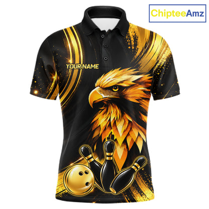 Custom Black Gold Eagle Bowling Polo 1/4-Zip Shirt For Men Swirl Youth Bowling Team Tournament Jersey NYN5109